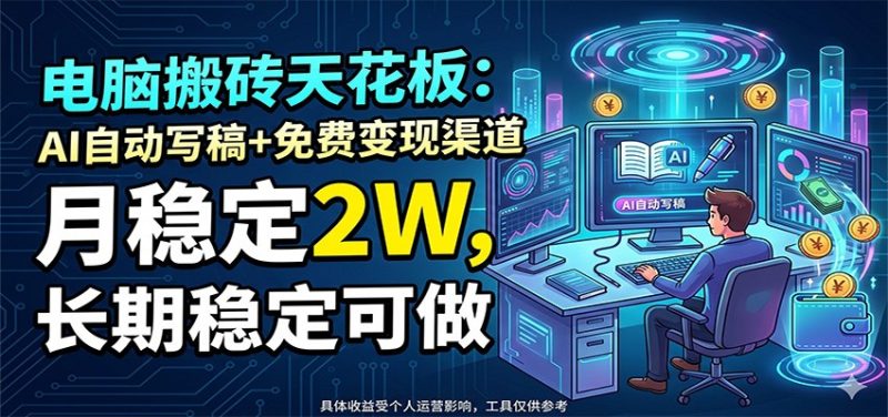 电脑搬砖天花板：AI自动写稿+免费变现渠道，月稳定2W，长期稳定可做万象阁-VIP网课-网赚项目-创业项目-精品资源-技能教程万象阁