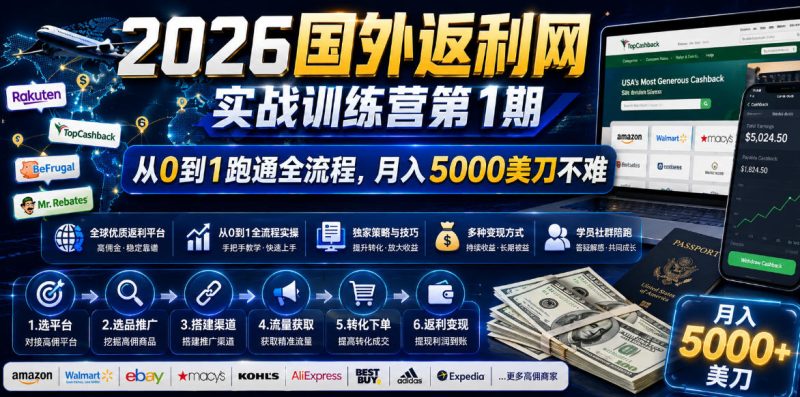 2026国外返利网实战变现营-第一期，从零拆解项目逻辑与流程，跑通完整变现链路，月入5000美金万象阁-VIP网课-网赚项目-创业项目-精品资源-技能教程万象阁