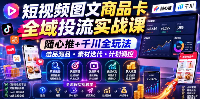 短视频图文商品卡全域投流实战课，随心推+千川全玩法，选品测品・素材迭代・计划调控，提升ROI爆单增收教程万象阁-VIP网课-网赚项目-创业项目-精品资源-技能教程万象阁