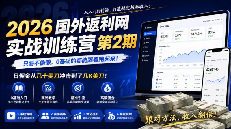 2026年国外返利网实战训练营第2期，只要不偷懒，0基础的都能跟着跑起来，日佣金从几十美刀冲击到了几K美刀万象阁-VIP网课-网赚项目-创业项目-精品资源-技能教程万象阁