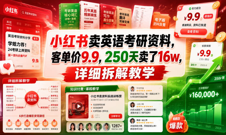 小红书卖英语考研资料，客单价9.9，250天卖了16w，详细拆解教学万象阁-VIP网课-网赚项目-创业项目-精品资源-技能教程万象阁