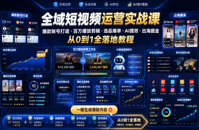 全域短视频运营实战课，爆款账号打造・百万播放剪辑・选品爆单・AI提效・出海掘金，从0到1全落地教程万象阁-VIP网课-网赚项目-创业项目-精品资源-技能教程万象阁