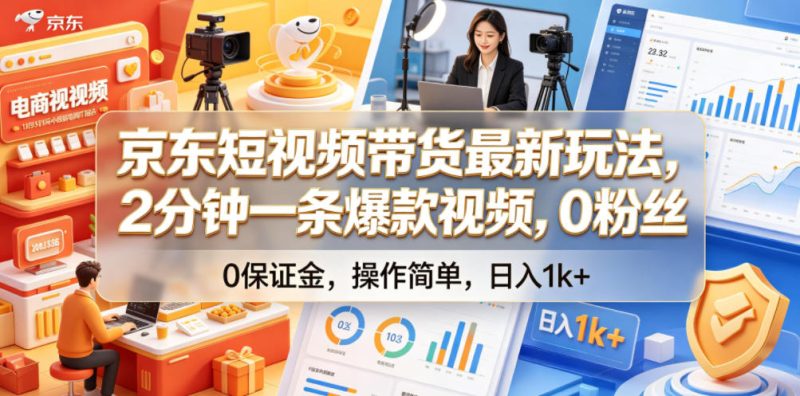京东短视频带货最新玩法，2分钟一条爆款视频，0粉丝，0保证金，操作简单，日入1k+【揭秘】万象阁-VIP网课-网赚项目-创业项目-精品资源-技能教程万象阁
