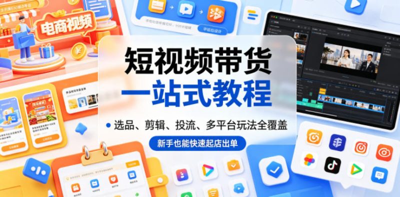 短视频带货一站式教程，选品、剪辑、投流、多平台玩法全覆盖，新手也能快速起店出单万象阁-VIP网课-网赚项目-创业项目-精品资源-技能教程万象阁