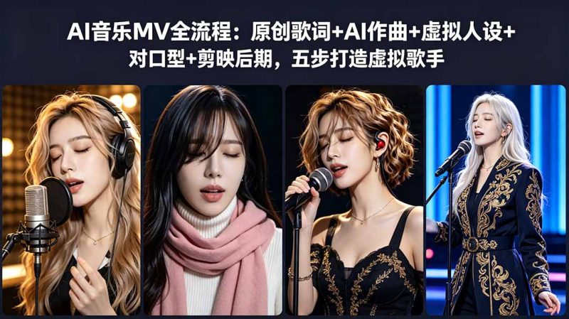 AI音乐MV全流程：原创歌词+AI作曲+虚拟人设+对口型+剪映后期，五步打造虚拟歌手万象阁-VIP网课-网赚项目-创业项目-精品资源-技能教程万象阁