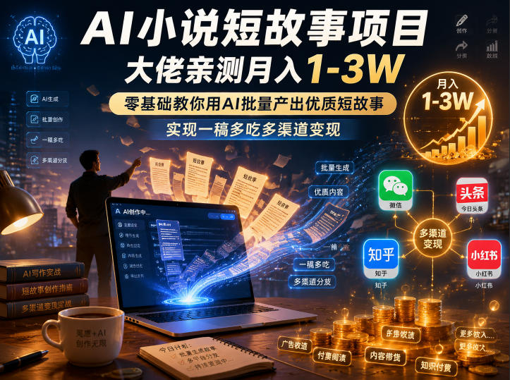AI小说短故事项目，大佬亲测月入1-3W，零基础教你用AI批量产出优质短故事，实现一稿多吃多渠道变现万象阁-VIP网课-网赚项目-创业项目-精品资源-技能教程万象阁
