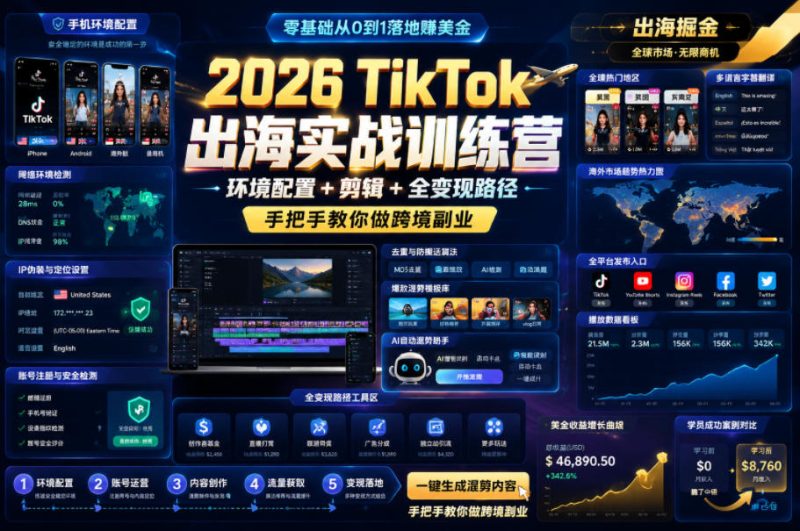 2026 TikTok出海实战训练营，环境配置 + 剪辑 + 全变现路径，手把手教你做跨境副业万象阁-VIP网课-网赚项目-创业项目-精品资源-技能教程万象阁