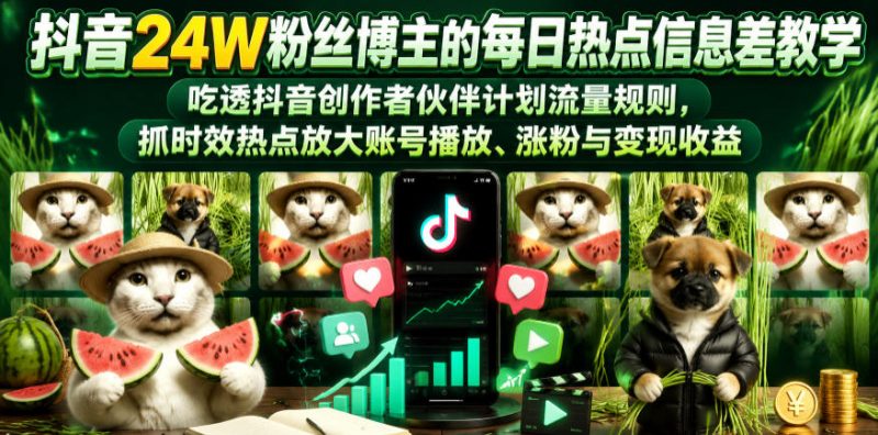 抖音24W粉丝博主的每日热点信息差教学，吃透创作者伙伴计划流量规则，抓时效热点放大账号播放、涨粉与变现收益万象阁-VIP网课-网赚项目-创业项目-精品资源-技能教程万象阁