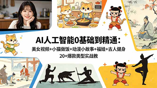 AI人工智能0基础到精通：美女视频+小猫做饭+动漫小故事+福娃+古人健身，20+爆款类型实战教学万象阁-VIP网课-网赚项目-创业项目-精品资源-技能教程万象阁