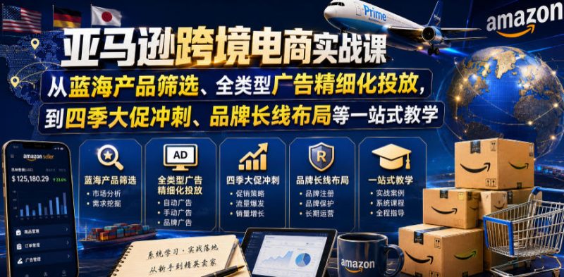 亚马逊跨境电商实战课，从蓝海产品筛选、全类型广告精细化投放，到四季大促冲刺、品牌长线布局等一站式教学万象阁-VIP网课-网赚项目-创业项目-精品资源-技能教程万象阁