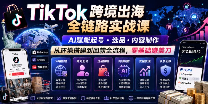TikTok跨境出海全链路实战课，AI赋能起号・选品・内容制作，从环境搭建到回款全流程，零基础賺美刀万象阁-VIP网课-网赚项目-创业项目-精品资源-技能教程万象阁