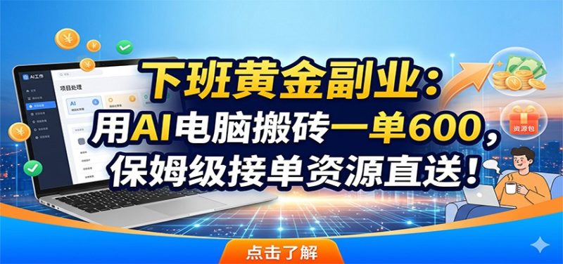 下班黄金副业：用AI电脑搬砖一单600，保姆级接单资源直送！万象阁-VIP网课-网赚项目-创业项目-精品资源-技能教程万象阁