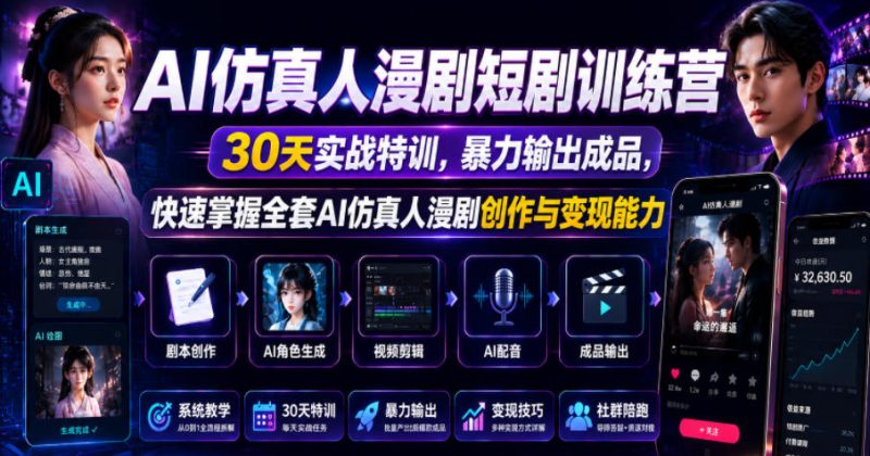 AI仿真人漫剧短剧训练营，30天实战特训，暴力输出成品，快速掌握全套AI仿真人漫剧创作与变现能力万象阁-VIP网课-网赚项目-创业项目-精品资源-技能教程万象阁