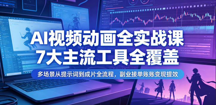 AI视频动画全实战课，7大主流工具全覆盖，多场景从提示词到成片全流程，副业接单账号变现提效万象阁-VIP网课-网赚项目-创业项目-精品资源-技能教程万象阁
