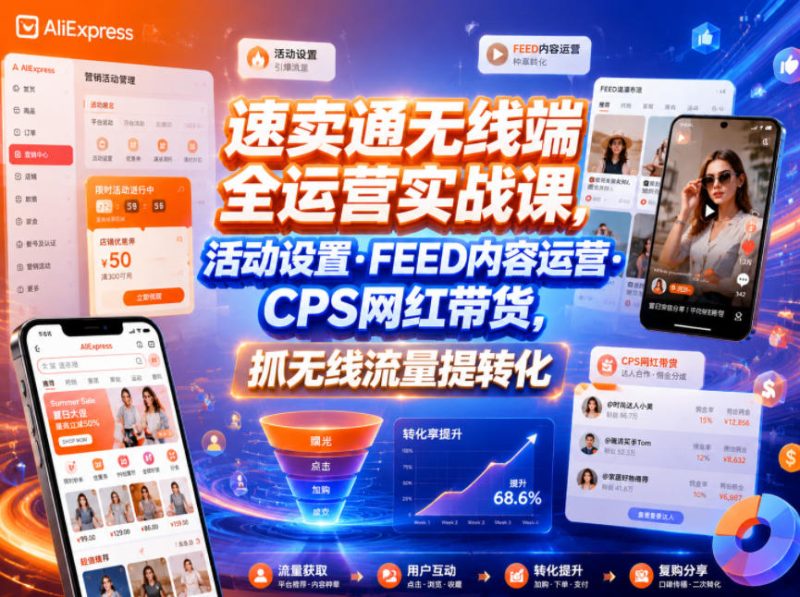 速卖通无线端全运营实战课，活动设置・FEED内容运营・CPS网红带货，抓无线流量提转化万象阁-VIP网课-网赚项目-创业项目-精品资源-技能教程万象阁