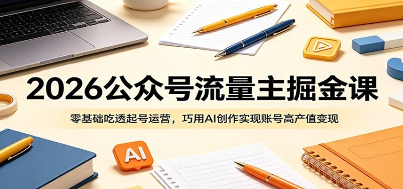 2026公众号流量主掘金课：零基础吃透起号运营，巧用AI创作实现账号高产值变现万象阁-VIP网课-网赚项目-创业项目-精品资源-技能教程万象阁