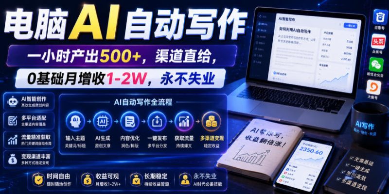 电脑AI自动写作，一小时产出500+，渠道直给，0基础月增收1-2W，永不失业【揭秘】万象阁-VIP网课-网赚项目-创业项目-精品资源-技能教程万象阁