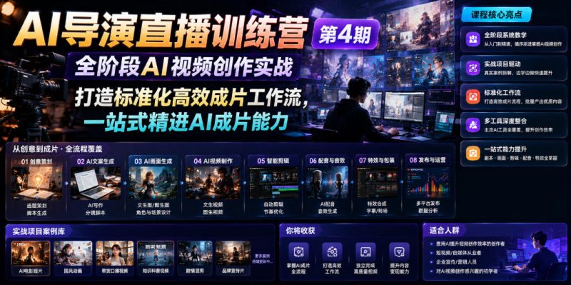 AI导演直播训练营第4期|全阶段AI视频创作实战,打造标准化高效成片工作流,一站式精进AI成片能力万象阁-VIP网课-网赚项目-创业项目-精品资源-技能教程万象阁