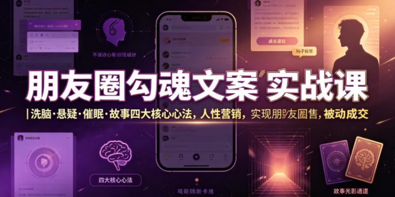 朋友圈勾魂文案实战课|洗脑·悬疑·催眠·故事四大核心心法,吃透人性营销,实现朋友圈不销而售被动成交万象阁-VIP网课-网赚项目-创业项目-精品资源-技能教程万象阁