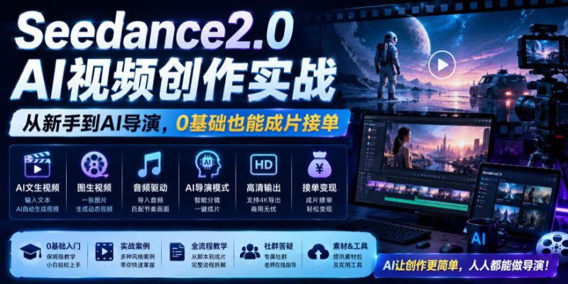 Seedance2.0 AI视频创作实战,从新手到AI导演,0基础也能成片接单变现万象阁-VIP网课-网赚项目-创业项目-精品资源-技能教程万象阁