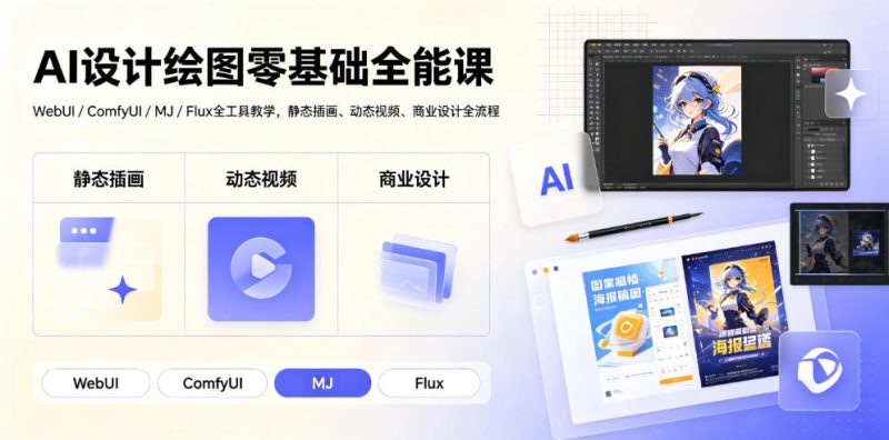 AI设计绘图零基础全能课|WebUI/ComfyUI/MJ/Flux全工具教学,静态插画、动态视频、商业设计全流程万象阁-VIP网课-网赚项目-创业项目-精品资源-技能教程万象阁