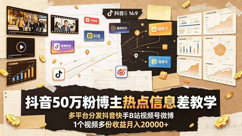 抖音50万粉博主热点信息差教学:多平台分发抖音快手B站视频号微博,1个视频多份收益月入20000+万象阁-VIP网课-网赚项目-创业项目-精品资源-技能教程万象阁