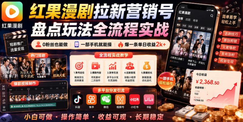 红果漫剧拉新营销号盘点玩法全流程实战,0粉丝也能做,一部手机就能做,爆一条单日收益2k+(更新0628)万象阁-VIP网课-网赚项目-创业项目-精品资源-技能教程万象阁