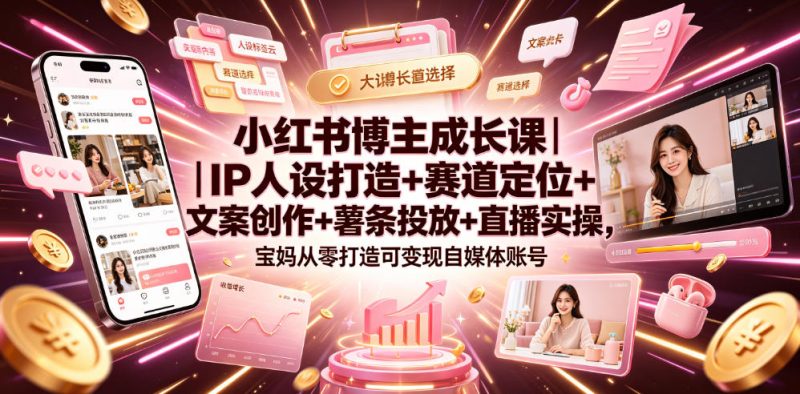 小红书博主成长课｜IP人设打造+赛道定位+文案创作+薯条投放+直播实操，宝妈从零打造可变现自媒体账号万象阁-VIP网课-网赚项目-创业项目-精品资源-技能教程万象阁