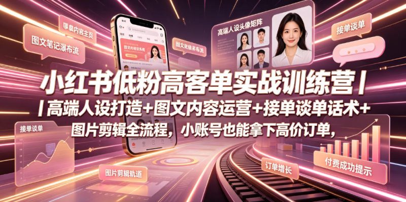 小红书低粉高客单实战训练营|高端人设打造+图文内容运营+接单谈单话术+图片剪辑全流程,小账号也能拿下高价订单万象阁-VIP网课-网赚项目-创业项目-精品资源-技能教程万象阁