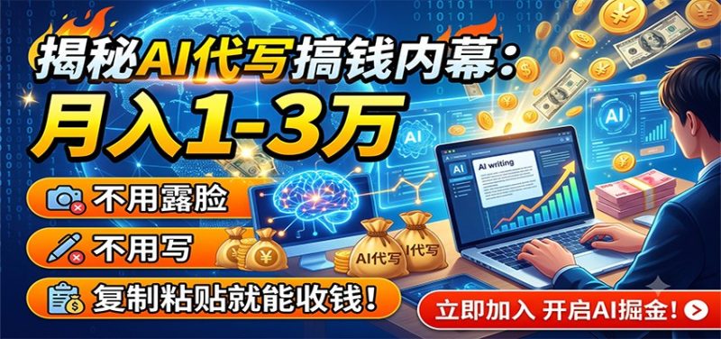 揭秘AI代写搞钱内幕:月入1-3万,不用露脸不用写,复制粘贴就能收钱!万象阁-VIP网课-网赚项目-创业项目-精品资源-技能教程万象阁