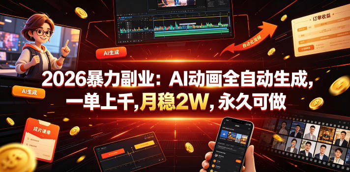 2026暴力副业：AI动画全自动生成，一单上千，月稳2W，永久可做【揭秘】万象阁-VIP网课-网赚项目-创业项目-精品资源-技能教程万象阁