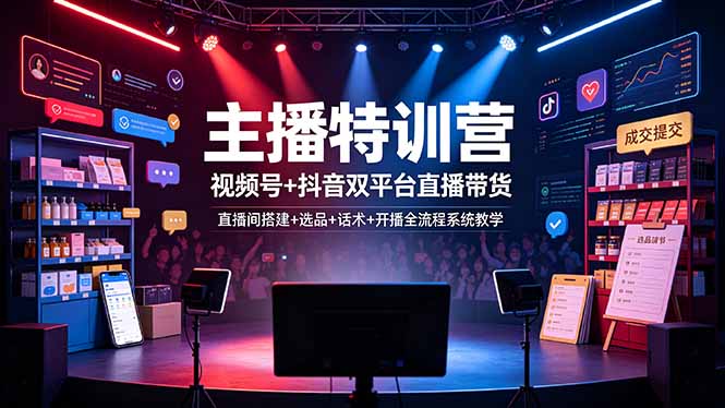 主播特训营:视频号+抖音双平台直播带货,直播间搭建+选品+话术+开播全流程系统教学万象阁-VIP网课-网赚项目-创业项目-精品资源-技能教程万象阁