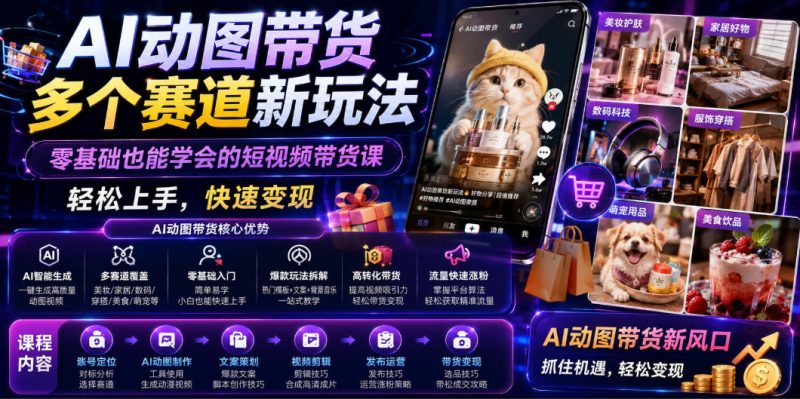 AI动图带货多个赛道新玩法，零基础也能学会的短视频带货课，轻松上手，快速变现万象阁-VIP网课-网赚项目-创业项目-精品资源-技能教程万象阁