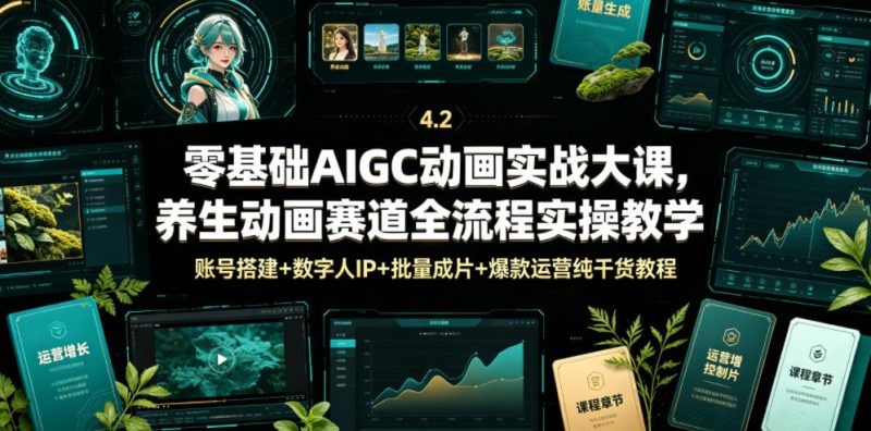 零基础AIGC动画实战大课，养生动画赛道全流程实操教学，账号搭建+数字人IP+批量成片+爆款运营纯干货教程万象阁-VIP网课-网赚项目-创业项目-精品资源-技能教程万象阁