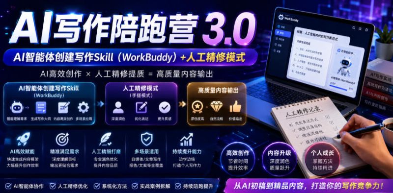 AI写作陪跑营3.0,Ai智能体创建写作skill(workbuddy)+人工手写模式(手搓模式),去除AI痕迹(头条号、公众号、百家号)万象阁-VIP网课-网赚项目-创业项目-精品资源-技能教程万象阁