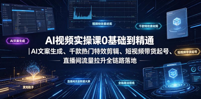 AI视频实操课0基础到精通｜AI文案生成、千款热门特效剪辑、短视频带货起号、直播间流量拉升全链路落地万象阁-VIP网课-网赚项目-创业项目-精品资源-技能教程万象阁