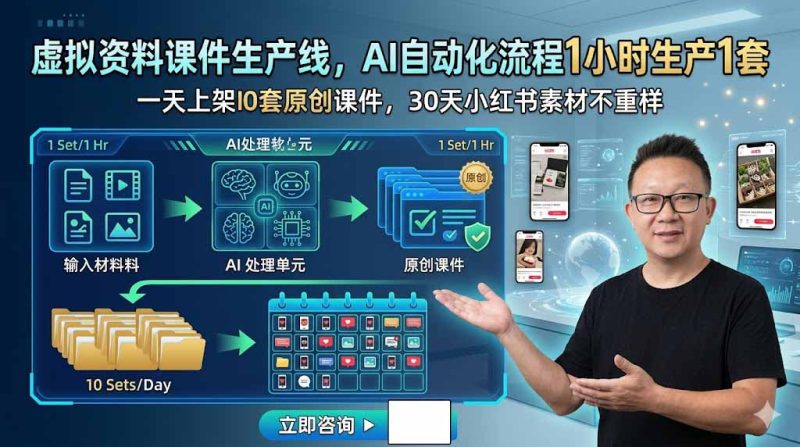 虚拟资料课件生产线，AI自动化流程1小时生产1套，一天上架10套原创课件，30天小红书素材不重样万象阁-VIP网课-网赚项目-创业项目-精品资源-技能教程万象阁
