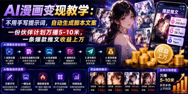 AI漫画变现教学:不用手写提示词,自动生成脚本文案,一份伙伴计划万播5-10米,一条爆款推文收益上W万象阁-VIP网课-网赚项目-创业项目-精品资源-技能教程万象阁