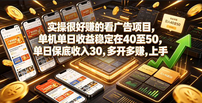 实操很好賺的看广告项目，单机单日收益稳定在40至50，单日保底收入30，多开多賺，上手就能变现【揭秘】万象阁-VIP网课-网赚项目-创业项目-精品资源-技能教程万象阁