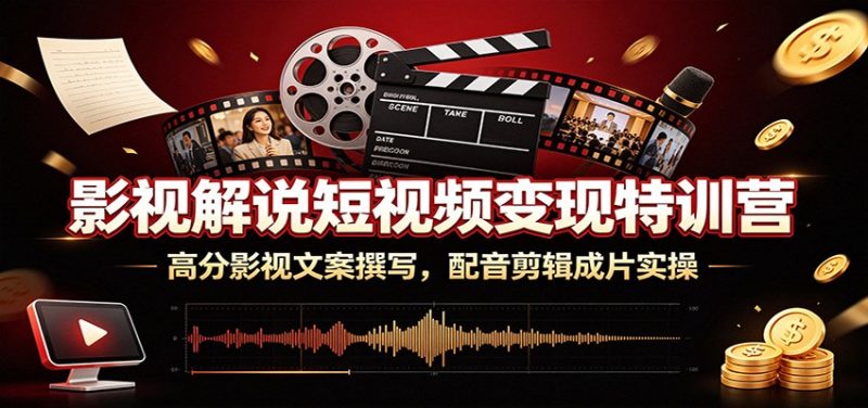 影视解说短视频变现特训营：高分影视文案撰写，配音剪辑成片实操万象阁-VIP网课-网赚项目-创业项目-精品资源-技能教程万象阁