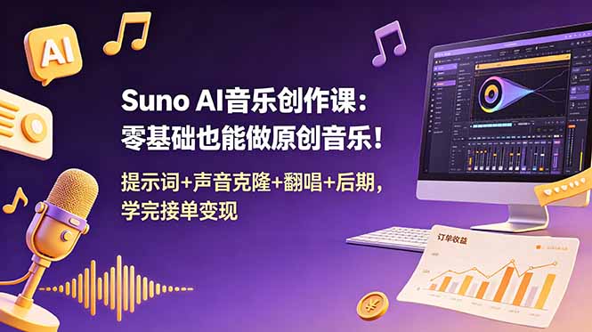 Suno AI音乐创作课：零基础也能做原创音乐！提示词+声音克隆+翻唱+后期，学完接单变现万象阁-VIP网课-网赚项目-创业项目-精品资源-技能教程万象阁