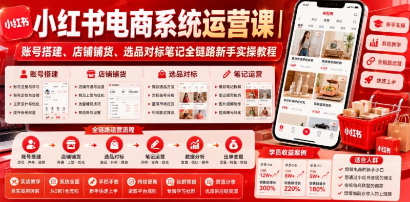 小红书电商系统运营课|账号搭建、店铺铺货、选品对标笔记全链路新手实操教程万象阁-VIP网课-网赚项目-创业项目-精品资源-技能教程万象阁