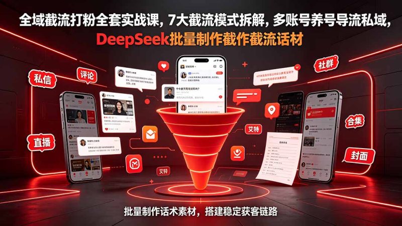 全域截流打粉全套实战课,7大截流模式拆解,多账号养号导流私域,DeepSeek批量制作截流话术素材万象阁-VIP网课-网赚项目-创业项目-精品资源-技能教程万象阁