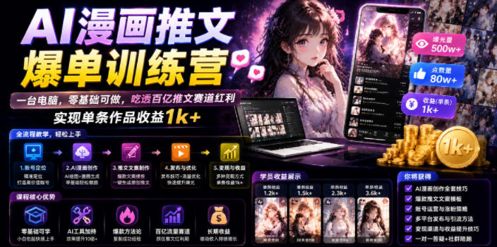AI漫画推文爆单训练营，一台电脑，零基础可做，吃透百亿推文赛道红利，实现单条作品收益1k+万象阁-VIP网课-网赚项目-创业项目-精品资源-技能教程万象阁