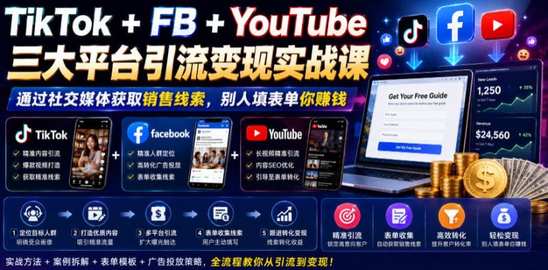 TikTok+FB+YouTube三大平台引流变现实战课,通过社交媒体获取销售线索,别人填表单你賺钱【原创双语字幕】万象阁-VIP网课-网赚项目-创业项目-精品资源-技能教程万象阁