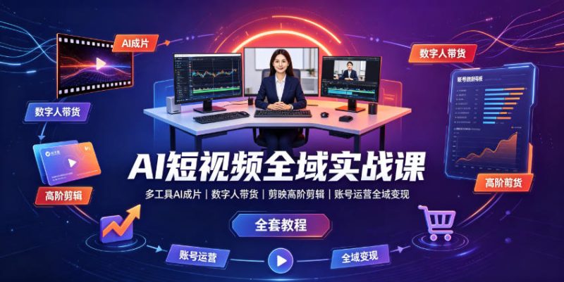 AI短视频全域实战课|多工具AI成片、数字人带货、剪映高阶剪辑、账号运营全域变现全套教程万象阁-VIP网课-网赚项目-创业项目-精品资源-技能教程万象阁