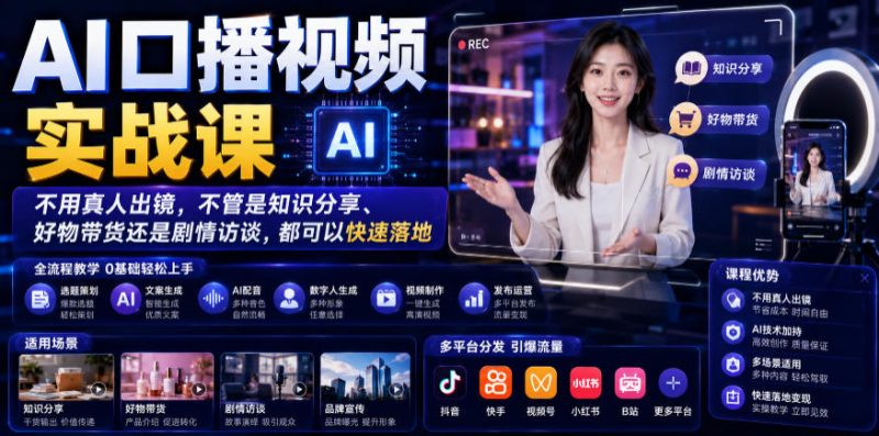 AI口播视频实战课，不用真人出镜，不管是知识分享、好物带货还是剧情访谈，都可以快速落地万象阁-VIP网课-网赚项目-创业项目-精品资源-技能教程万象阁
