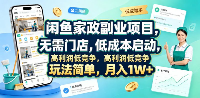 闲鱼家政副业项目,无需门店,低成本启动,高利润低竞争,玩法简单,月入1W+万象阁-VIP网课-网赚项目-创业项目-精品资源-技能教程万象阁