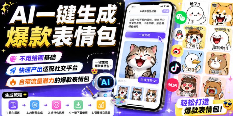AI一键生成爆款表情包,不用绘画基础,快速产出适配社交平台,自带流量潜力的爆款表情包万象阁-VIP网课-网赚项目-创业项目-精品资源-技能教程万象阁