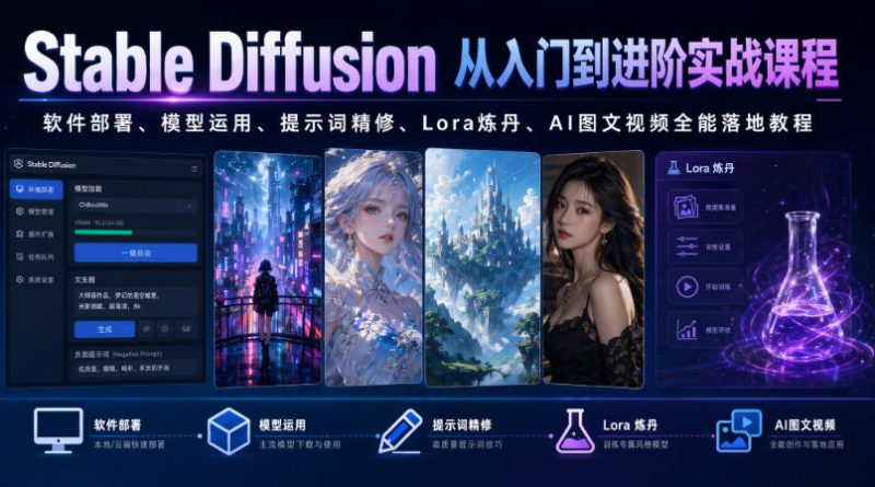 Stable Diffusion从入门到进阶实战课程|软件部署、模型运用、提示词精修、Lora炼丹、AI图文视频全能落地教程万象阁-VIP网课-网赚项目-创业项目-精品资源-技能教程万象阁